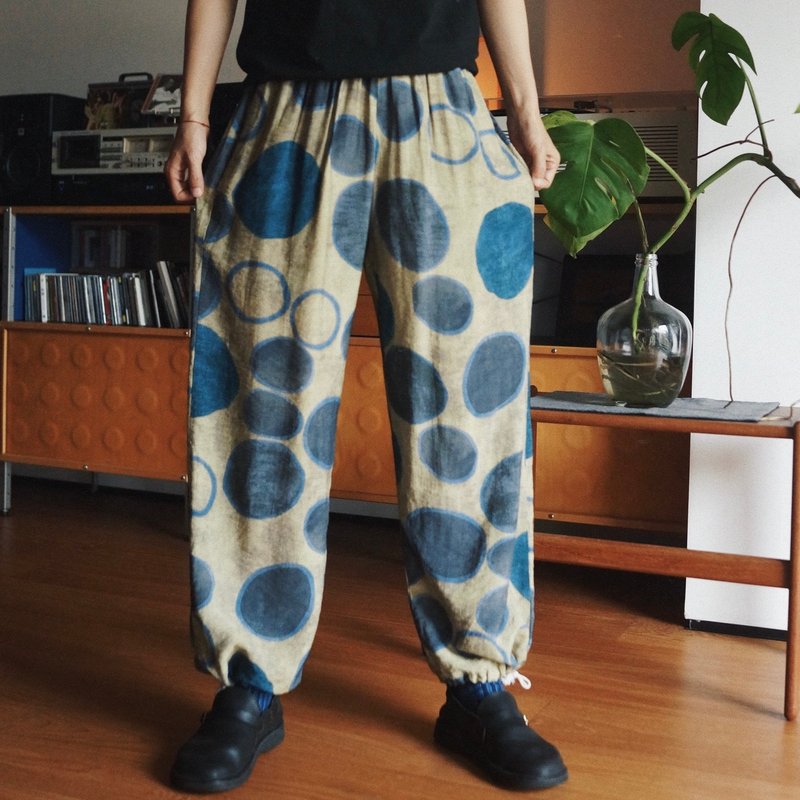 藍色波點砂洗天絲棉 夏季涼爽舒適運動瑜伽褲 抽繩直筒長褲 - 女装长裤 - 棉．麻 蓝色