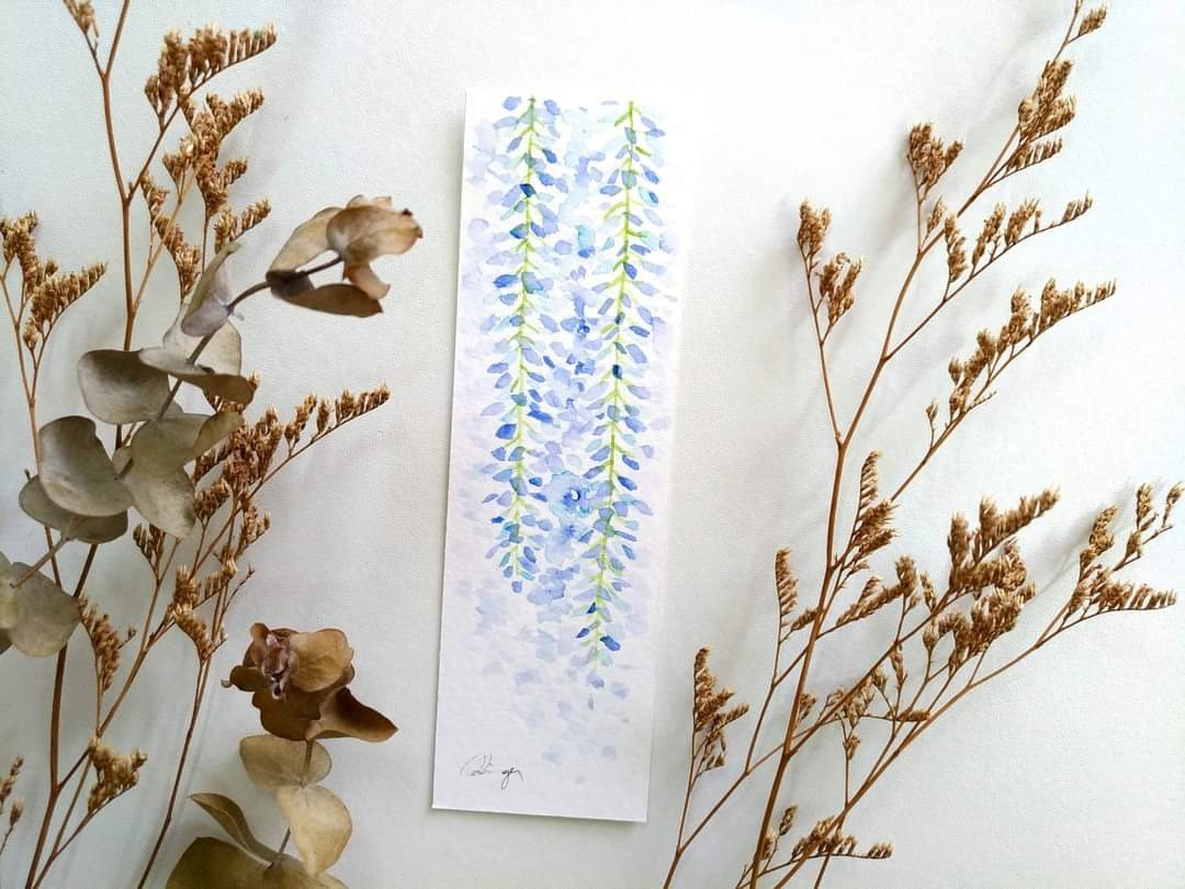 蓝色紫藤花水彩花草插画书签 礼物卡片 (原画) - 卡片/明信片 - 纸 多色