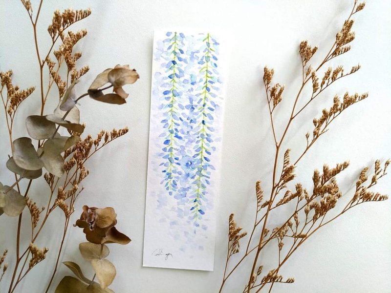 蓝色紫藤花水彩花草插画书签 礼物卡片 (原画) - 卡片/明信片 - 纸 多色