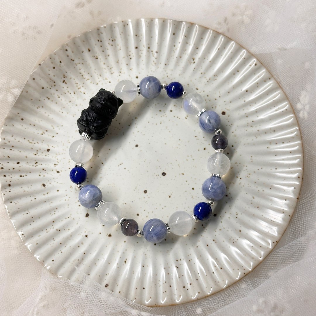 虎爷守护的泡泡宇宙 黑虎爷手链 蓝晶手链 蓝月光 蓝晶石 堇青石 - 手链/手环 - 半宝石 蓝色