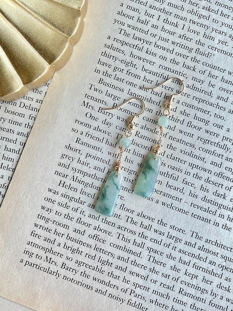 秋冬新时尚-冰飘花无事牌翡翠14k包金耳环 天然石 耳夹 礼物 - 耳环/耳夹 - 玉石 绿色