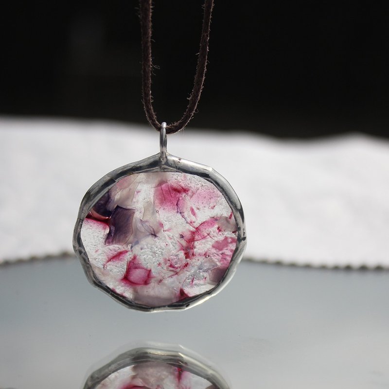 飘花玻璃项链 玻璃坠饰 饰品 民俗风 礼物 坠子 碎花 琉璃工艺 - 项链 - 玻璃 粉红色