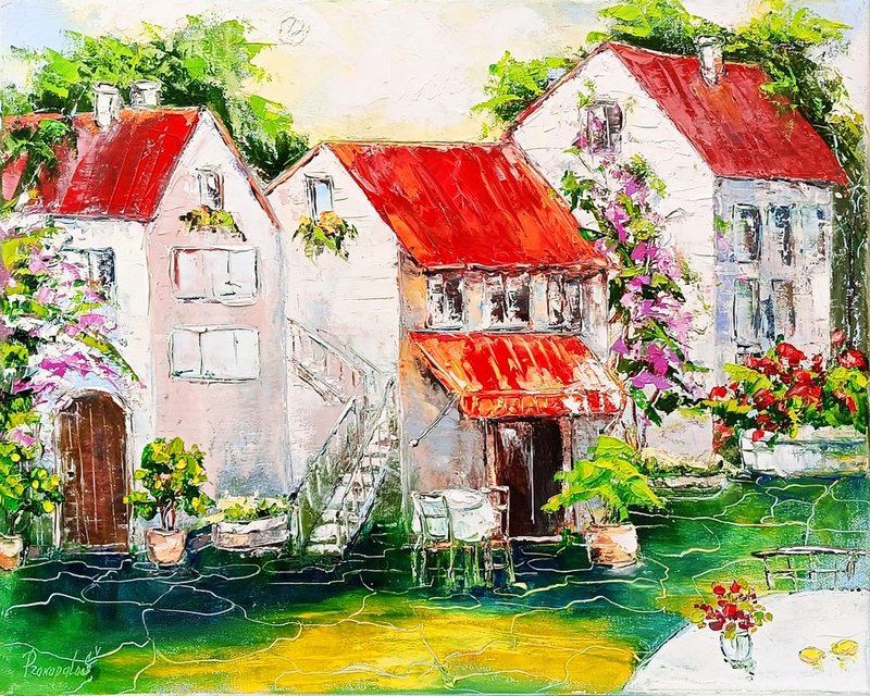 索伦托意大利油画：阿玛菲海岸海滨艺术，16x20 印象派海港 - 墙贴/壁贴 - 其他材质 黄色