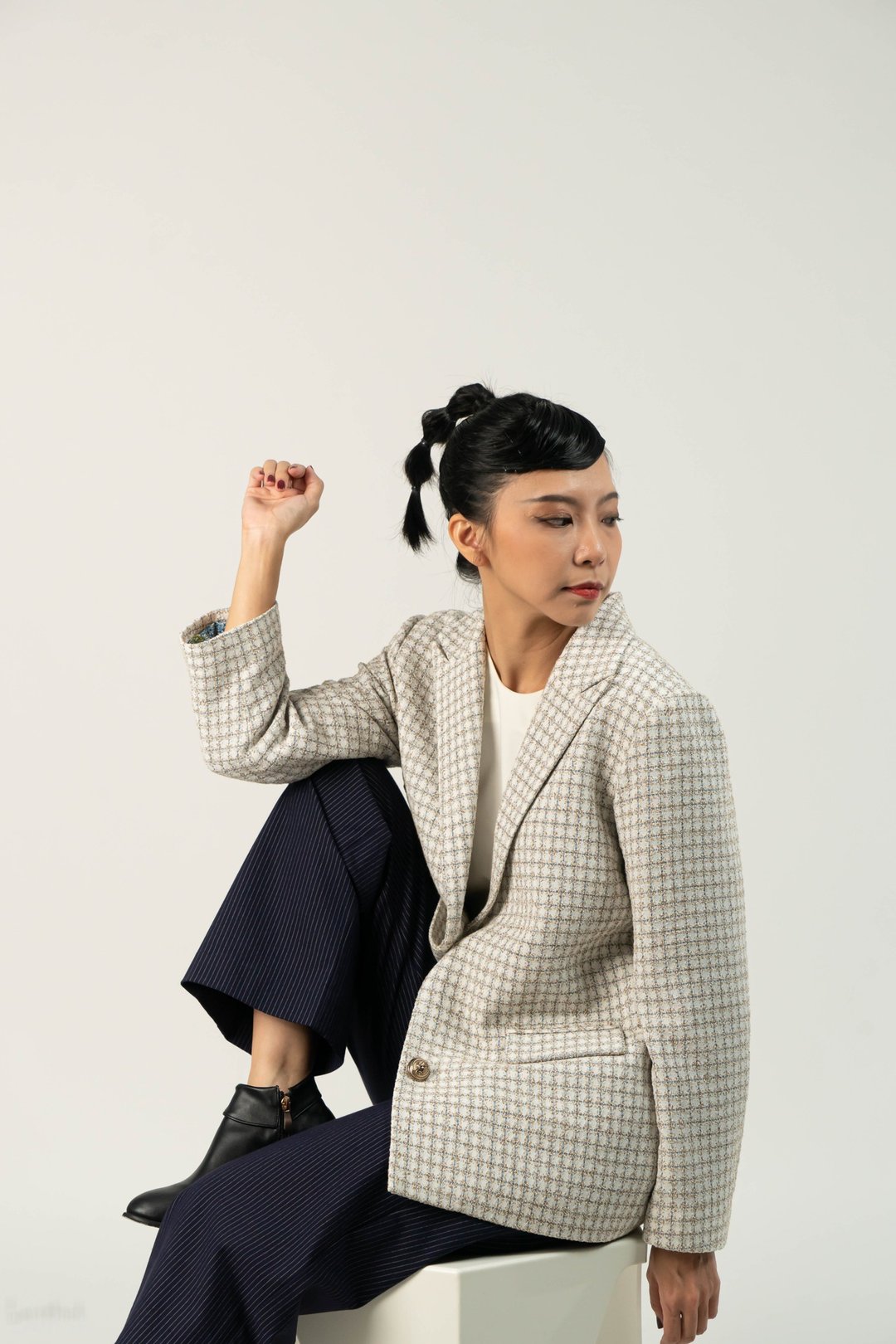 小香风率性格纹西装外套 - 女装西装外套/风衣 - 棉 黑色