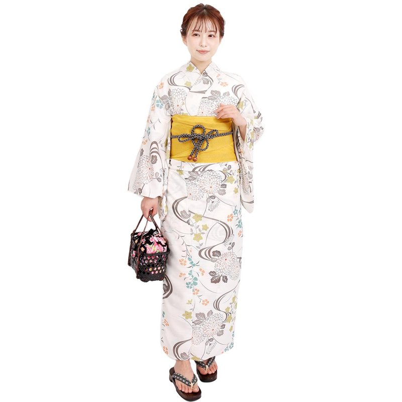 日本 和服 聚酯纤维 梭织 女性 浴衣 腰带 2件组 F Size X41-09C - 其他 - 聚酯纤维 黄色