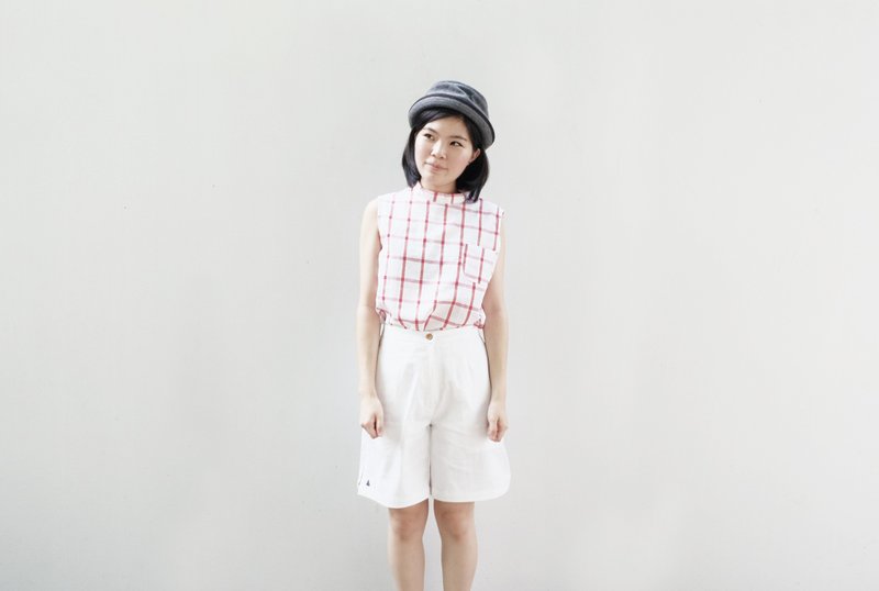 微高领无袖上衣-格子 - 女装上衣 - 棉．麻 红色