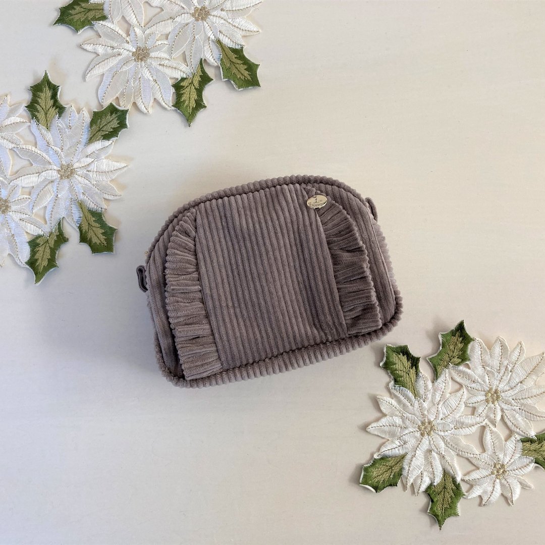 Round Frill Corduroy Gusseted Pouch Mocha - 化妆包/杂物包 - 棉．麻 咖啡色