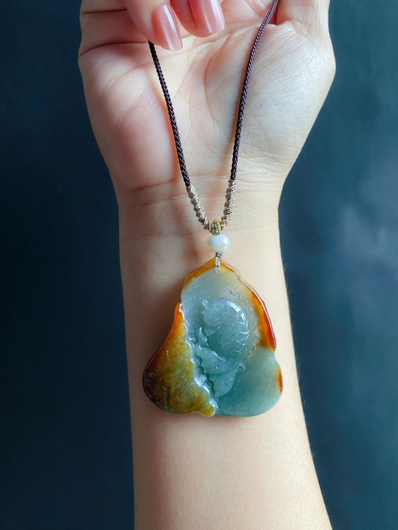 缅甸玉翡翠 天然红翡 手工雕 荷叶鱼 翡翠 礼物 天然石 项链 - 项链 - 玉石 红色