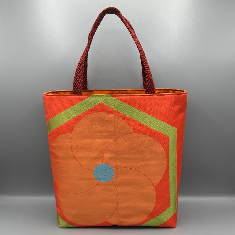 【中央有折痕】和服腰带改造 手作托特包 粉色 腰带绳 - 手提包/手提袋 - 丝．绢 橘色