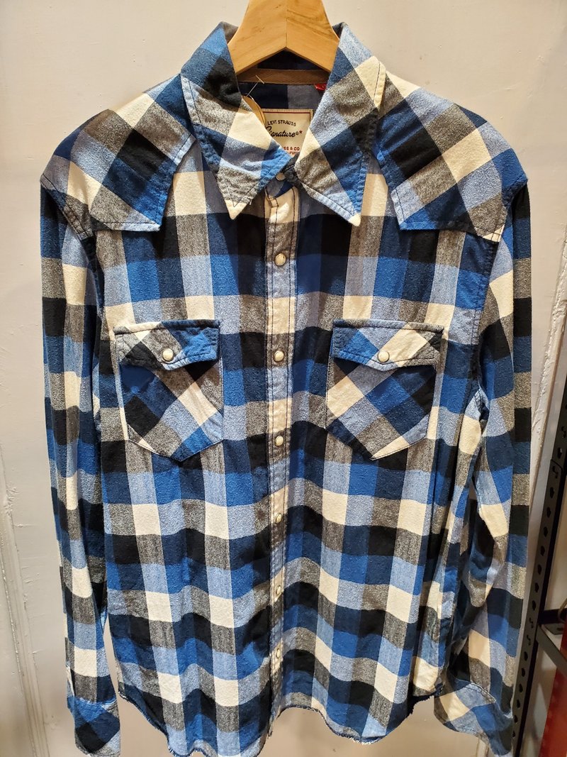 有礼貌穿搭 日本古着 levi's 法兰绒 蓝色格纹 长衬 L号 近全新 - 男装衬衫 - 棉．麻 蓝色