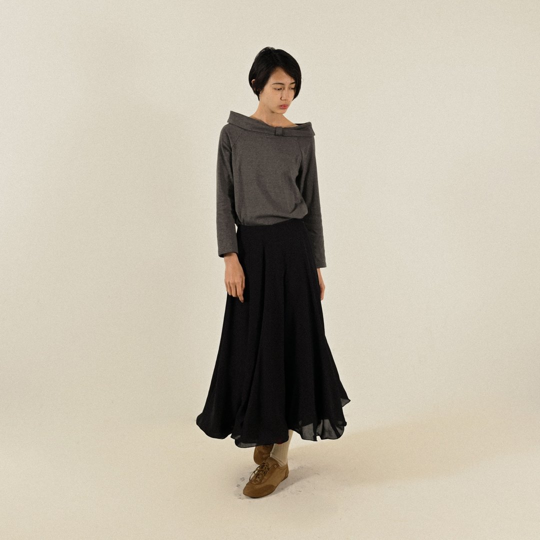 【NaSuBi Vintage】多层裙摆纱质高腰古着长裙 - 裙子 - 其他人造纤维 黑色