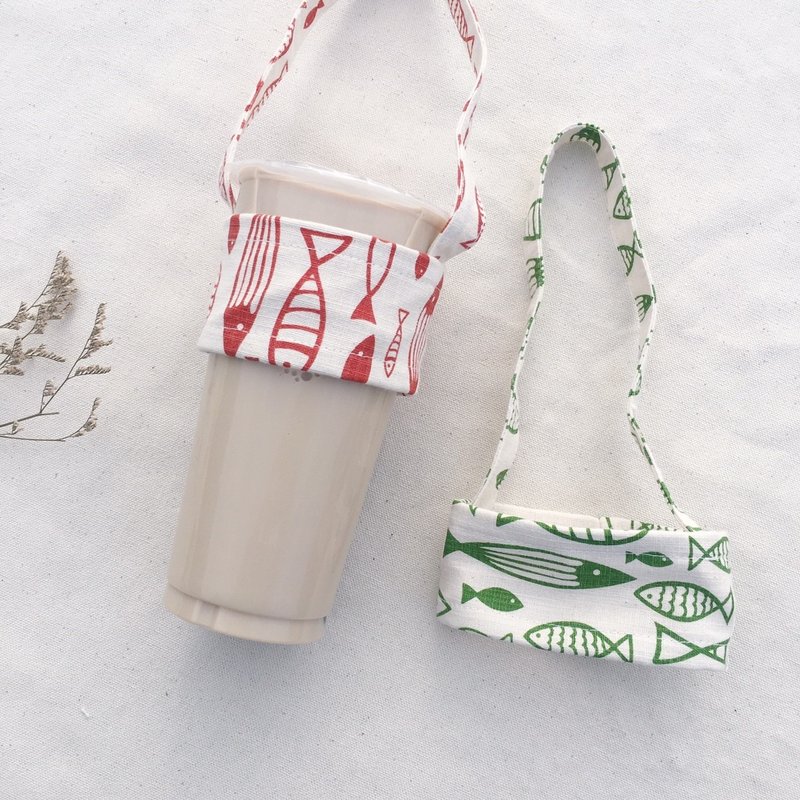 手作饮料杯提袋 / 日系小鱼 - 随行杯提袋/水壶袋 - 棉．麻 红色