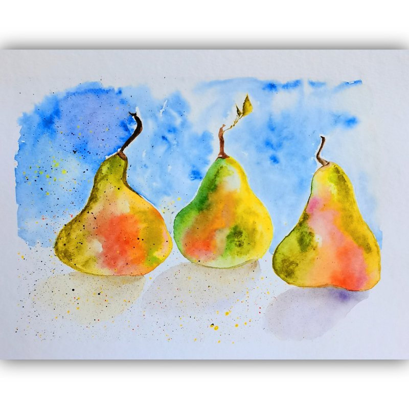 Watercolor Pears Original Fruit Art Food Room Decor Painting Fruits Wall Art - 海报/装饰画/版画 - 纸 多色