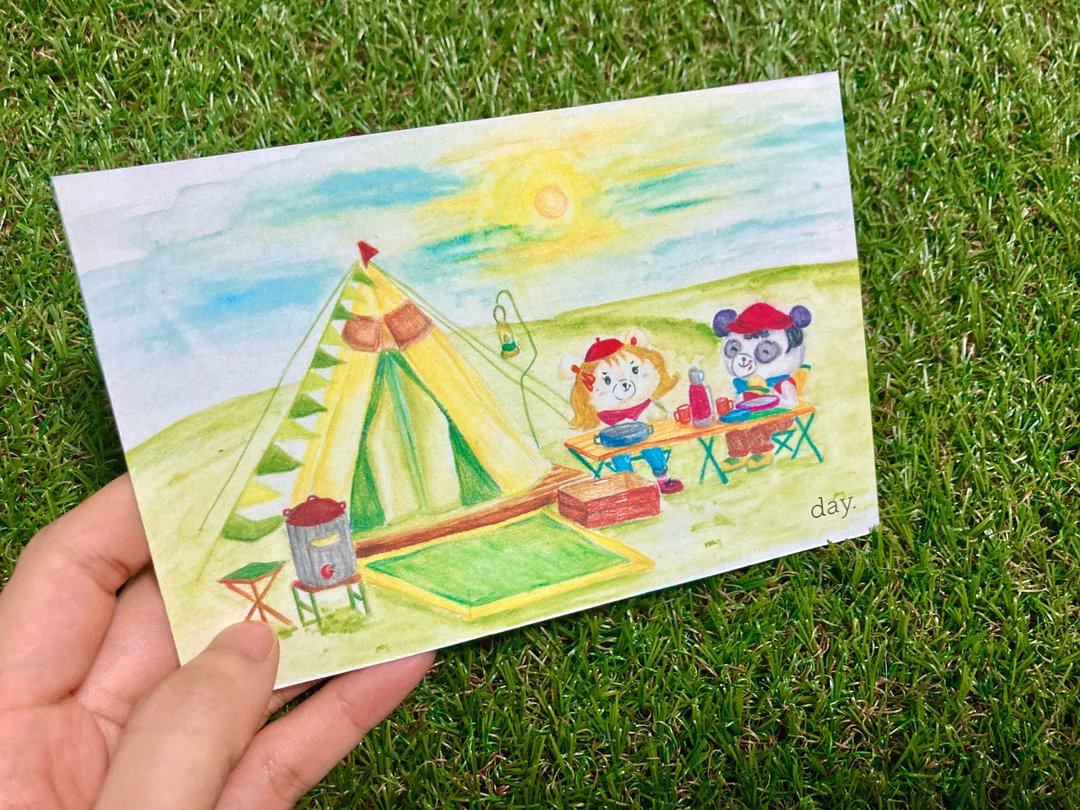 【 水彩 明信片 】幸福 歪嘴 小熊 去露营 - 卡片/明信片 - 纸 绿色