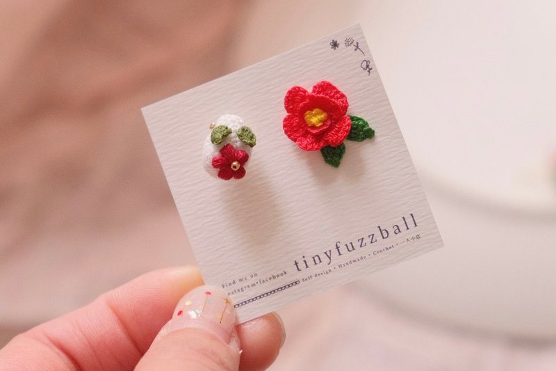 2024新春过年鈎针编织 耳*雪兔+ 山茶花 - 耳环/耳夹 - 棉．麻 