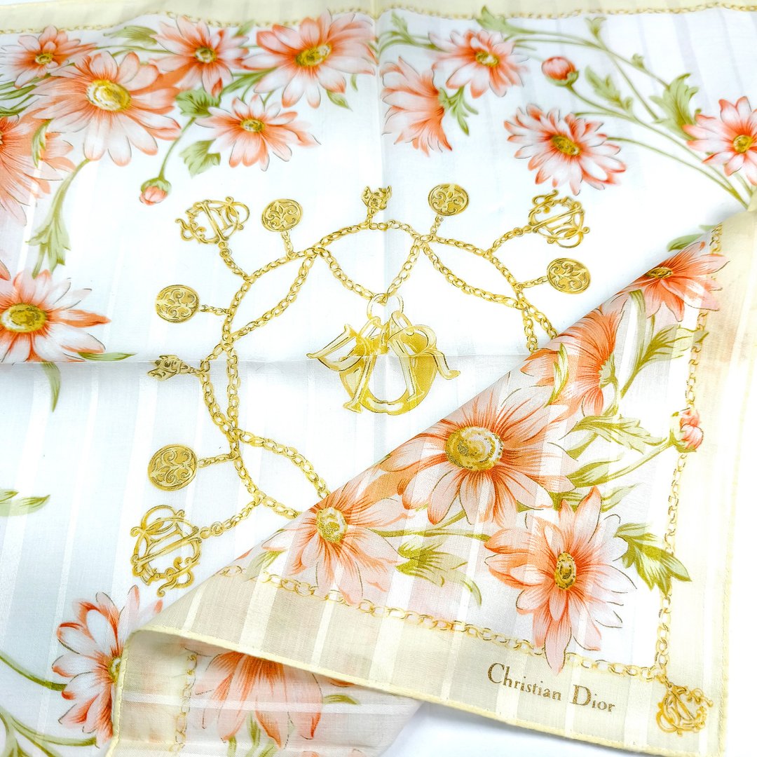Christian Dior Vintage Handkerchief Sweet Gerbera Cotton Silk 18 x 18 inches - 手帕/方巾 - 棉 黄色