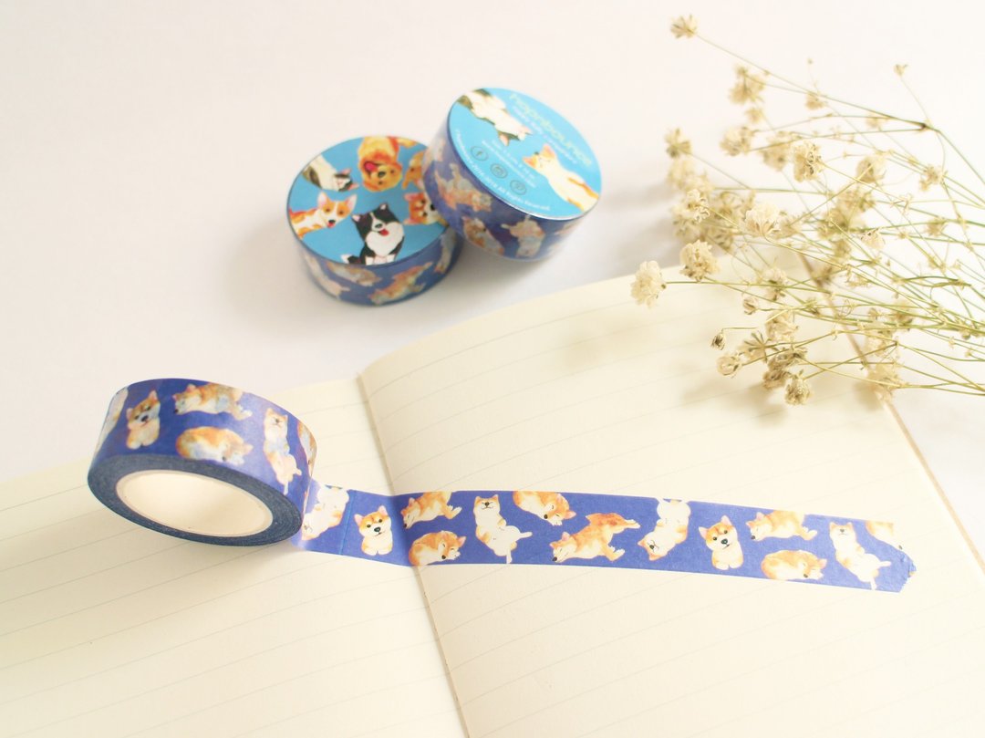 柴犬 小狗 纸胶带 15mm - 纸胶带 - 纸 蓝色