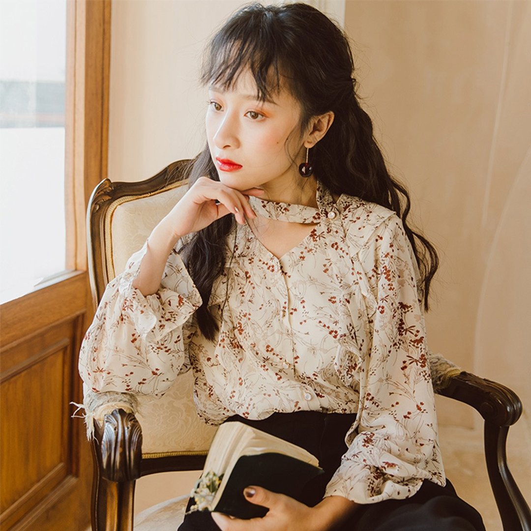 碎花衬衫女复古港味ins风设计感小众印花上衣蝴蝶结韩版百搭衬衣 - 女装衬衫 - 其他材质 