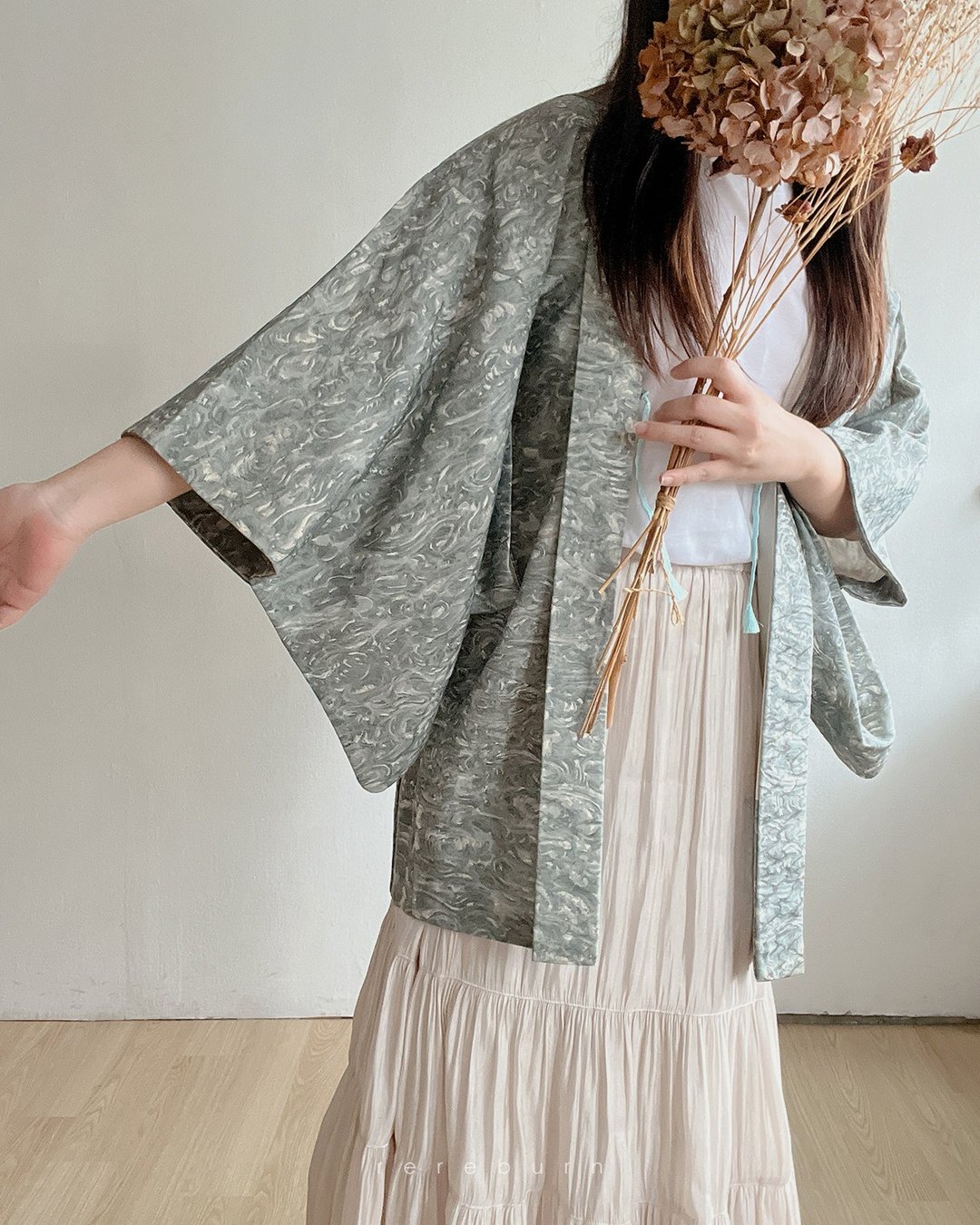 日本制古着羽织和服外套灰蓝绿和风印花薄款 - 女装休闲/机能外套 - 其他材质 蓝色