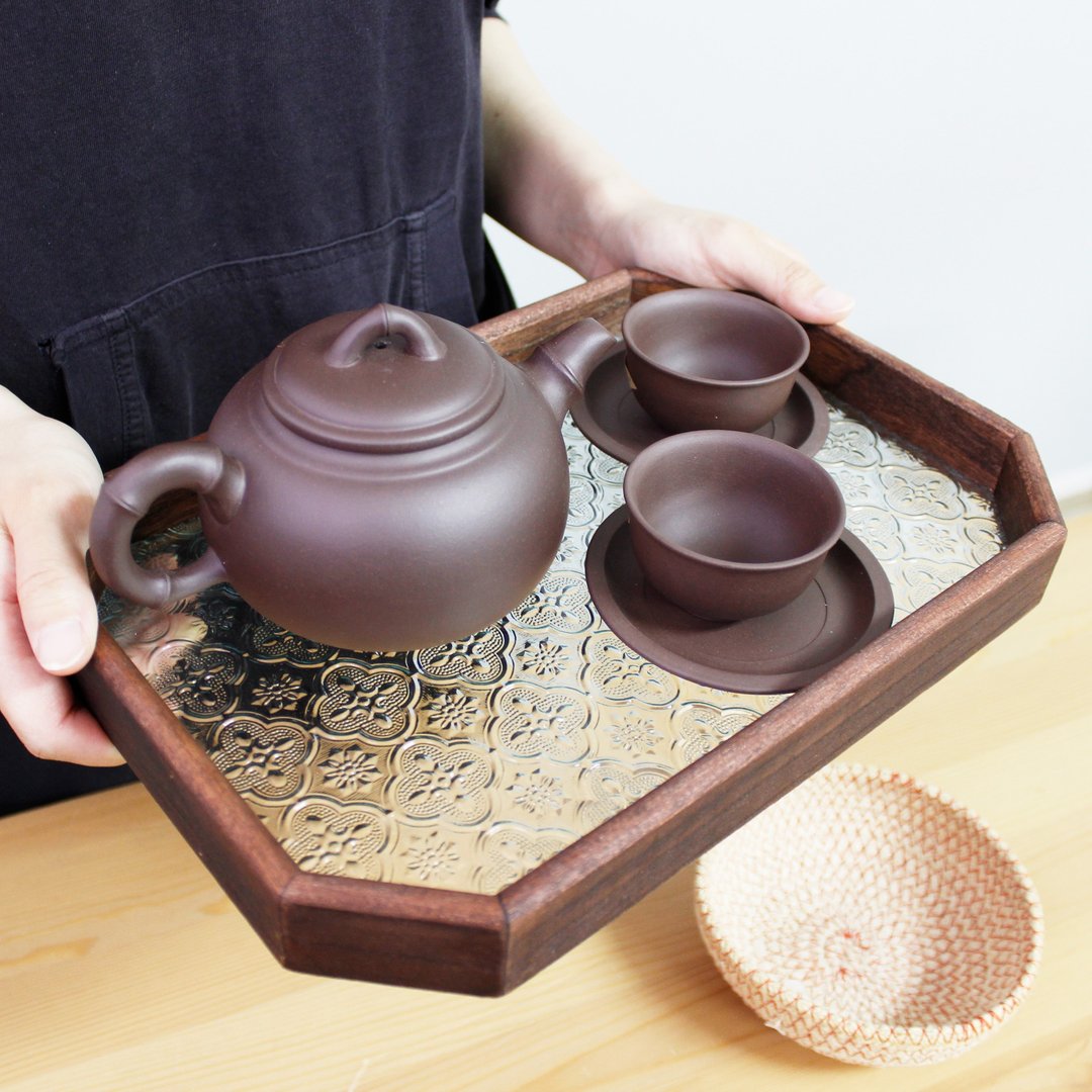 海棠花压花玻璃实木托盘 复古八角造型置物盘 32cm - 托盘/砧板 - 玻璃 咖啡色