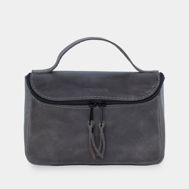 灰色复古皮革洗漱包 – 手工制作的化妆品收纳包 - 化妆包/杂物包 - 真皮 灰色