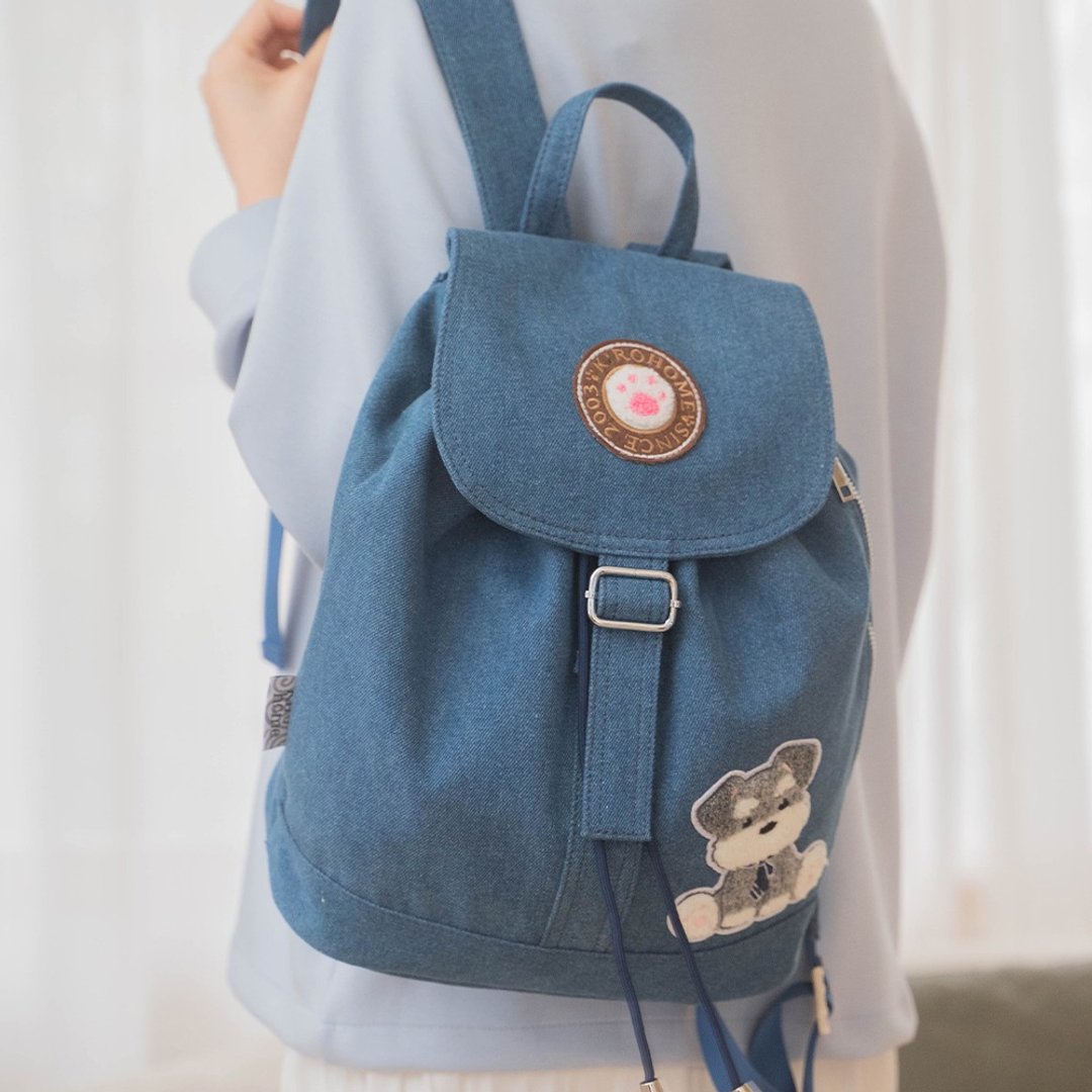 雪纳瑞 毛巾绣 牛仔 束口掀盖 后背包【32002001】 - 后背包/双肩包 - 棉 