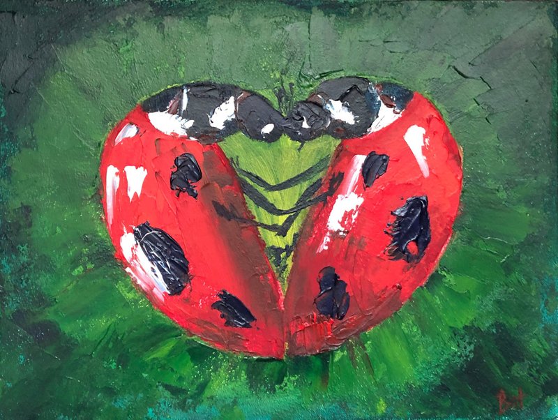 Ladybugs Painting Beetles Original Oil Art Bugs Artwork Symbolism Wall Art - 海报/装饰画/版画 - 其他材质 绿色