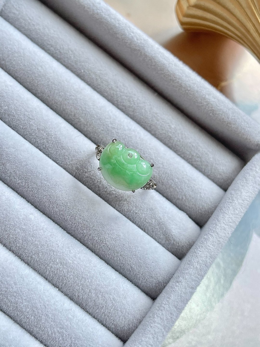 缅甸玉A货翡翠-白底青如意翡翠925银戒指 天然石 玉 送礼 玉戒 - 戒指 - 玉石 绿色
