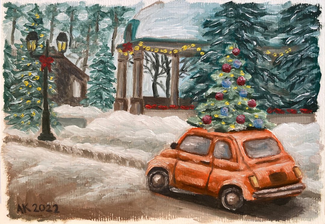 圣诞树送货油画，冬天插画，圣诞节，新年 - 墙贴/壁贴 - 其他材质 白色