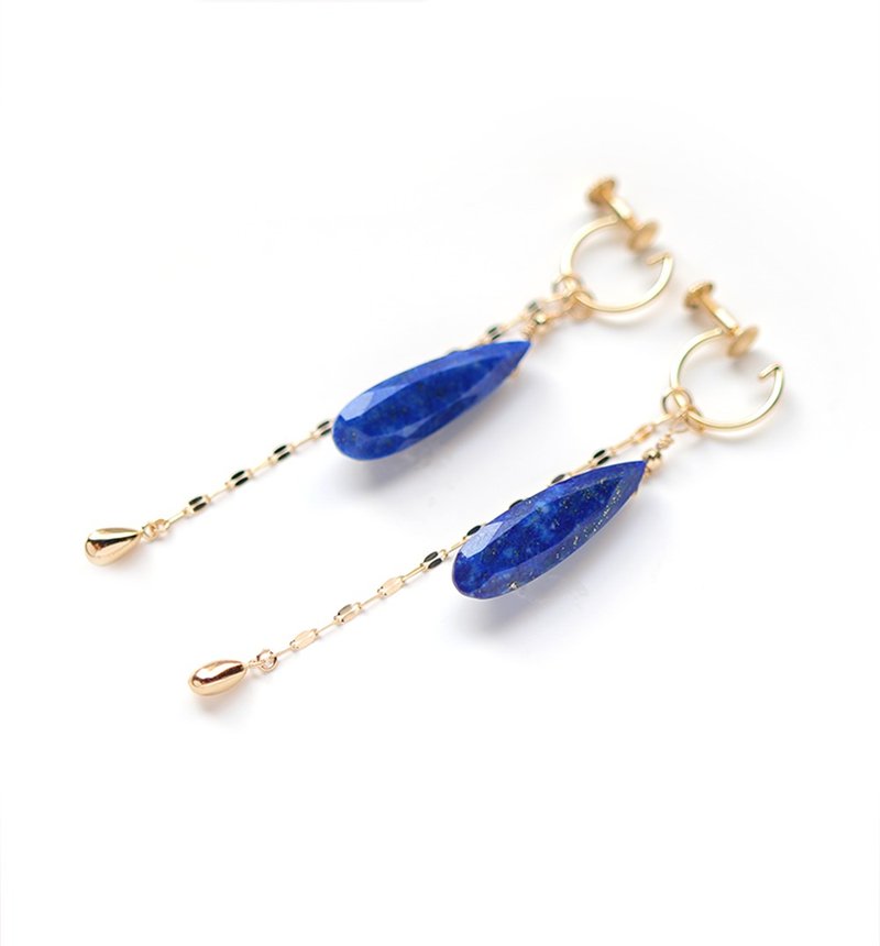 December Birthstone Lapis Lazuli and Petal Chain K18 Clip-On ~RADIANT MOMENTS~ - 耳环/耳夹 - 宝石 蓝色