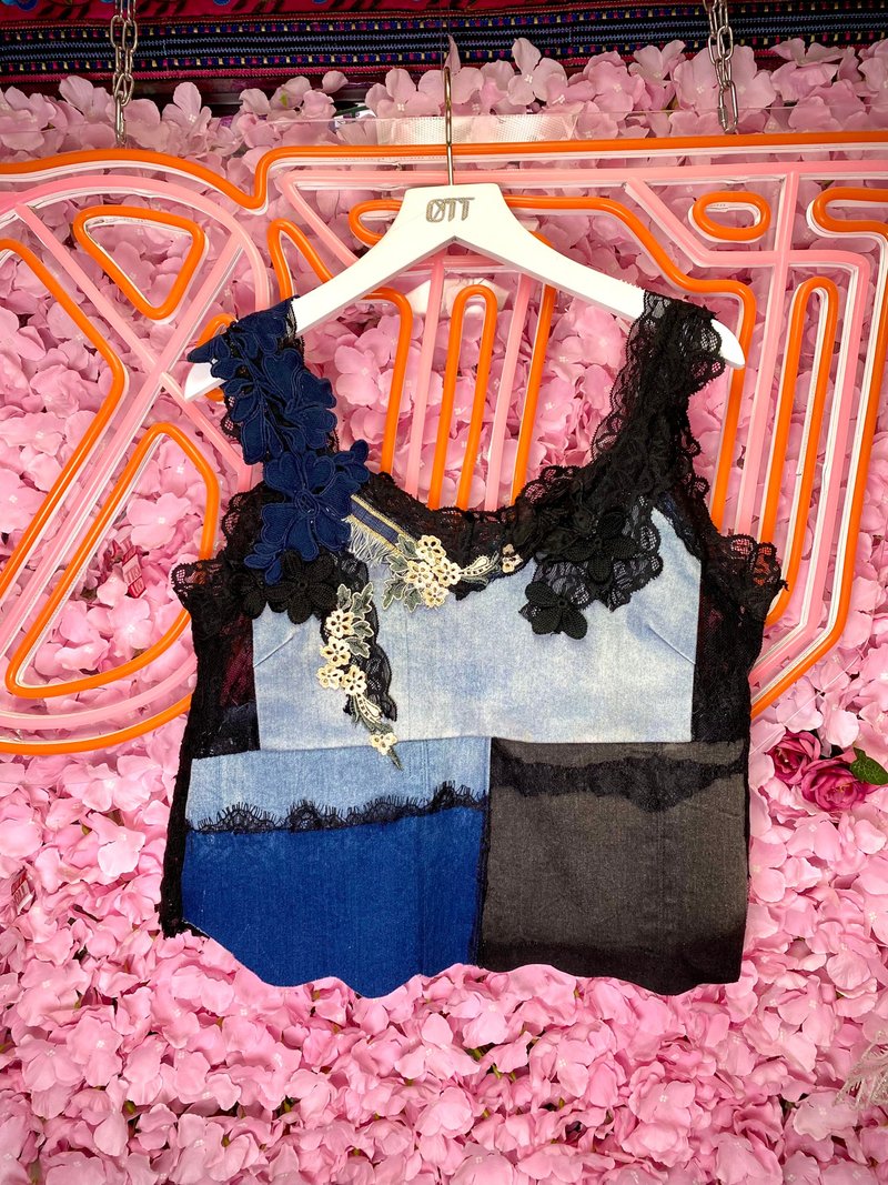 OTT独一无二•日系清新牛仔扎染吊染洗水手工喱士绣花背心 - 女装上衣 - 棉．麻 蓝色