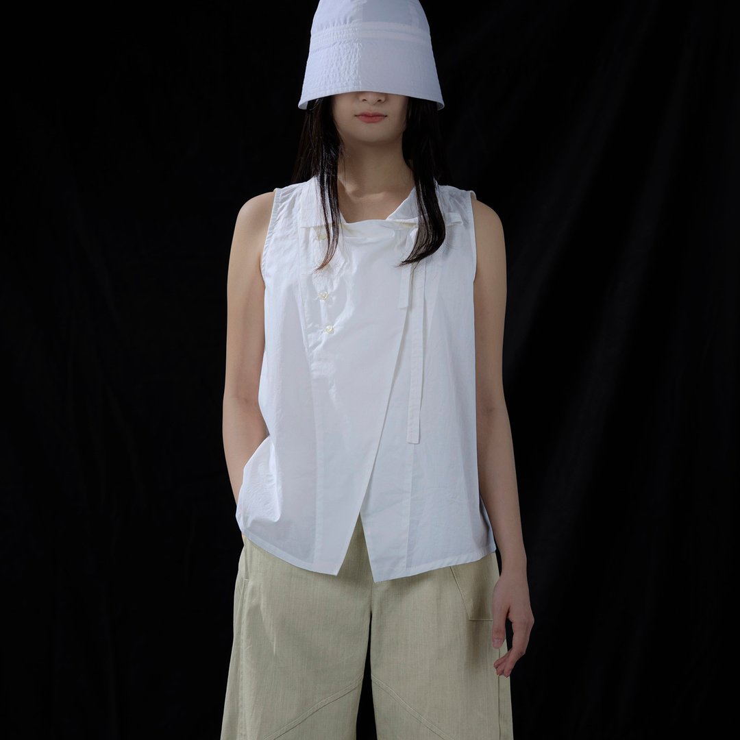 绑带侧扣无袖衬衫 - 女装衬衫 - 棉 白色