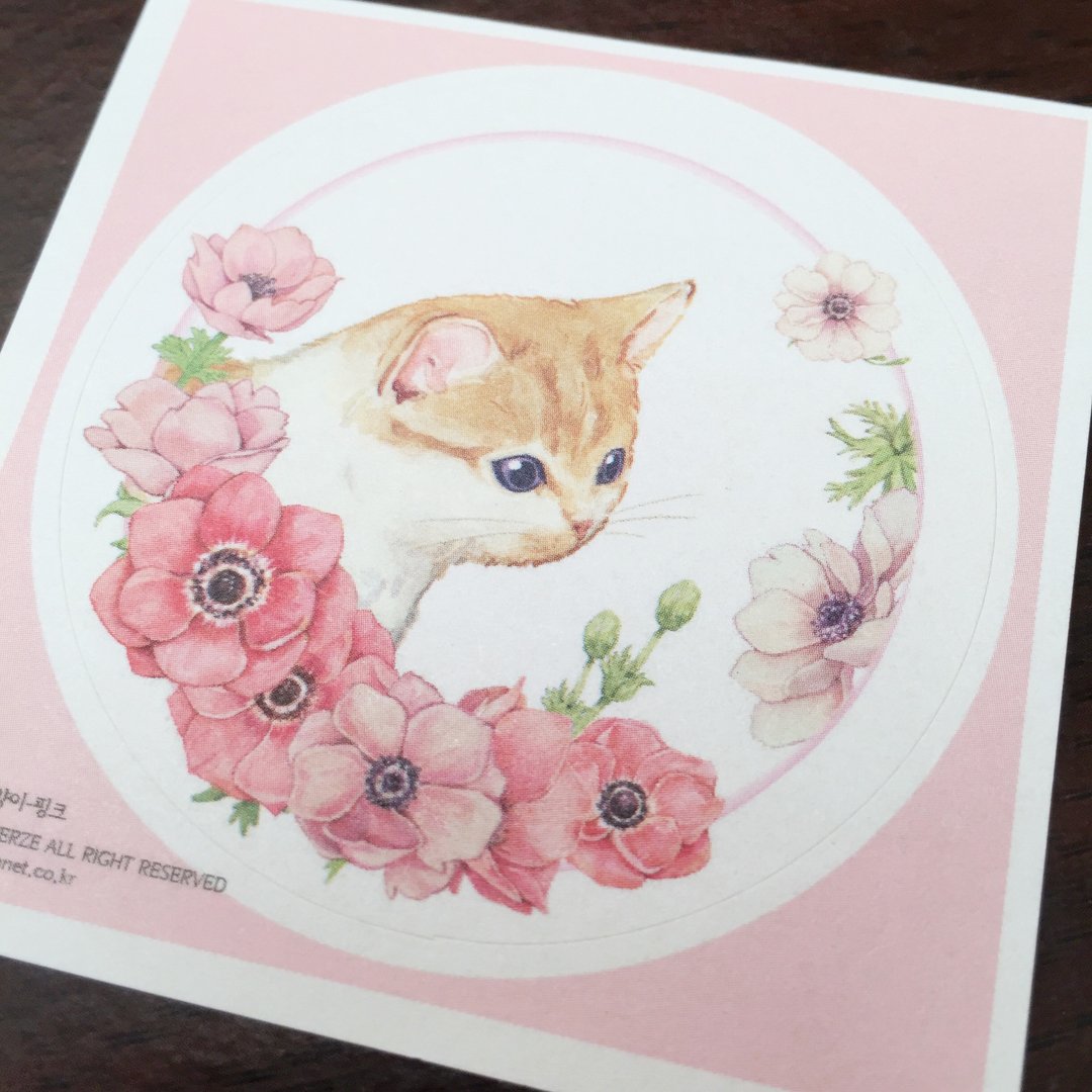猫与花圆形贴纸 - 粉 - 贴纸 - 纸 粉红色