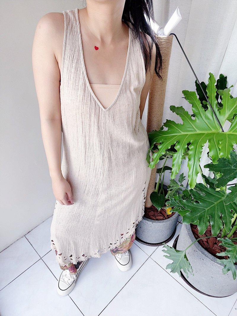 流苏米白夏季挖洞宽大罩衫 古着棉麻质连身裙洋装上衣长裙 dress - 洋装/连衣裙 - 棉 卡其色