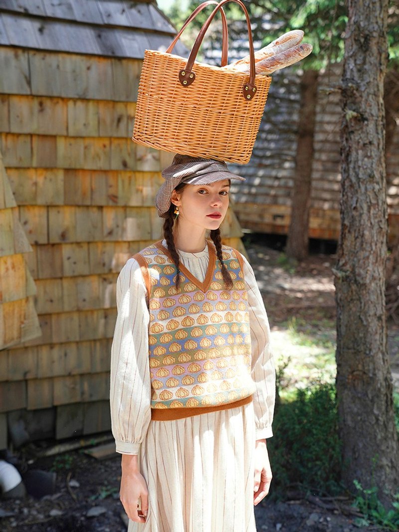 MintCheese独立设计 复古可爱 栗子奶油彩虹 V领羊毛背心马甲 - 女装针织衫/毛衣 - 羊毛 咖啡色