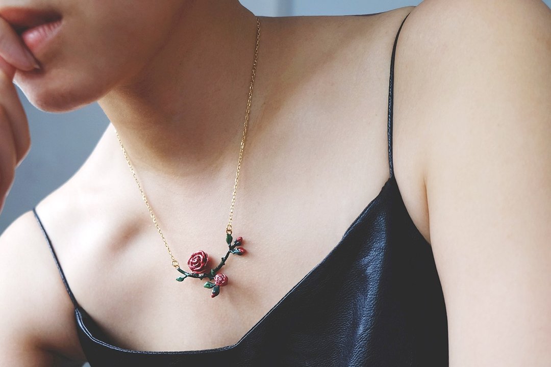 Flower Rose Necklace, Handmade Enamel Jewellery. - 项链 - 其他金属 红色