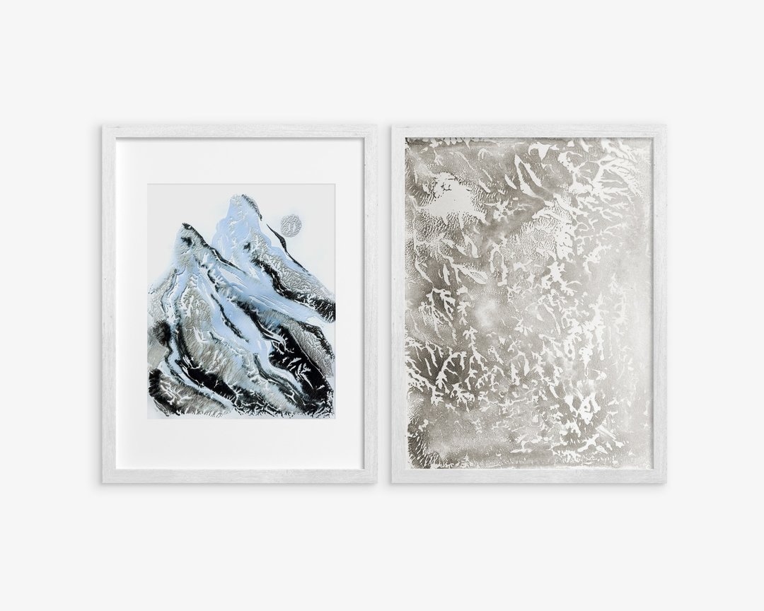 画廊墙套装 2 件蓝色抽象山脉银浮雕纹理冬季墙 - 海报/装饰画/版画 - 纸 银色