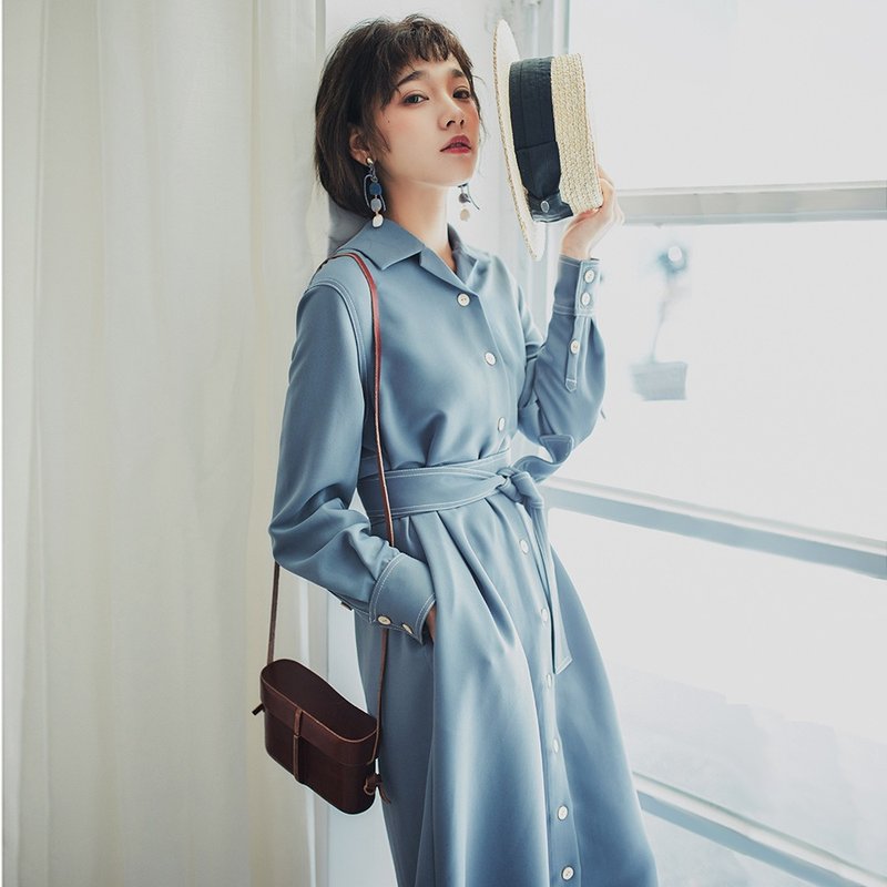 【卖完下架】初春女士穿搭撞色线衬衫连身裙洋装 YYQ8689 - 洋装/连衣裙 - 聚酯纤维 蓝色