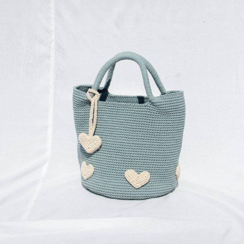 Heart Patchwork on Bucket hand bags (Greyish Blue) - 手提包/手提袋 - 其他材质 蓝色