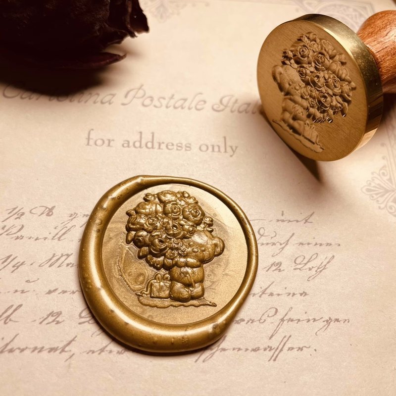 玫瑰生日小熊火漆印章浮雕3D立体复古章头手帐信封印章 - 印章/印台 - 铜/黄铜 