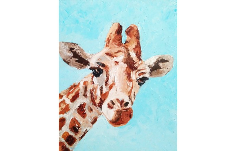 Giraffe Original Oil Painting African Animal Wall Art Small Artwork. 手工油畫 - 海报/装饰画/版画 - 其他材质 蓝色