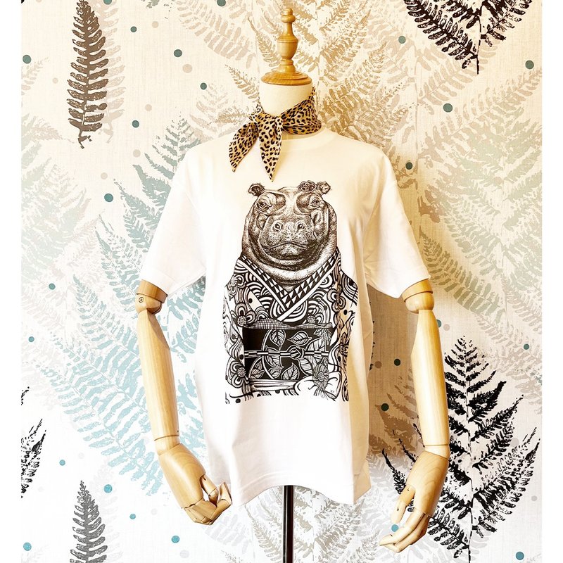 超高品质印刷 动物插画 清爽白T 棉质短袖 河马 - 女装 T 恤 - 棉．麻 白色