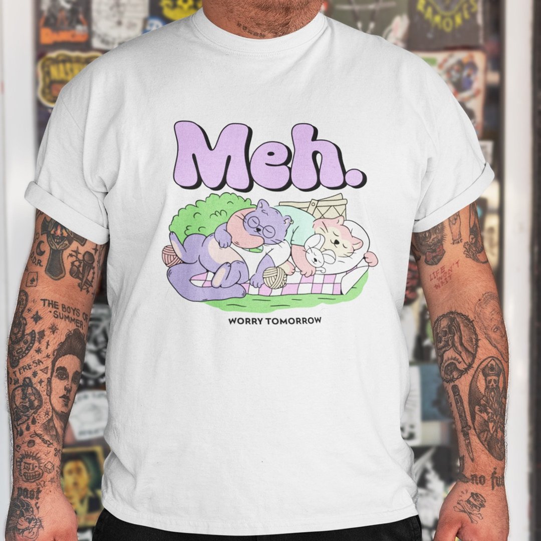 Meh Cat 中性短袖T恤 白色 交换礼物快速出货猫咪卡通插画疯设祭 - 男装上衣/T 恤 - 棉 白色