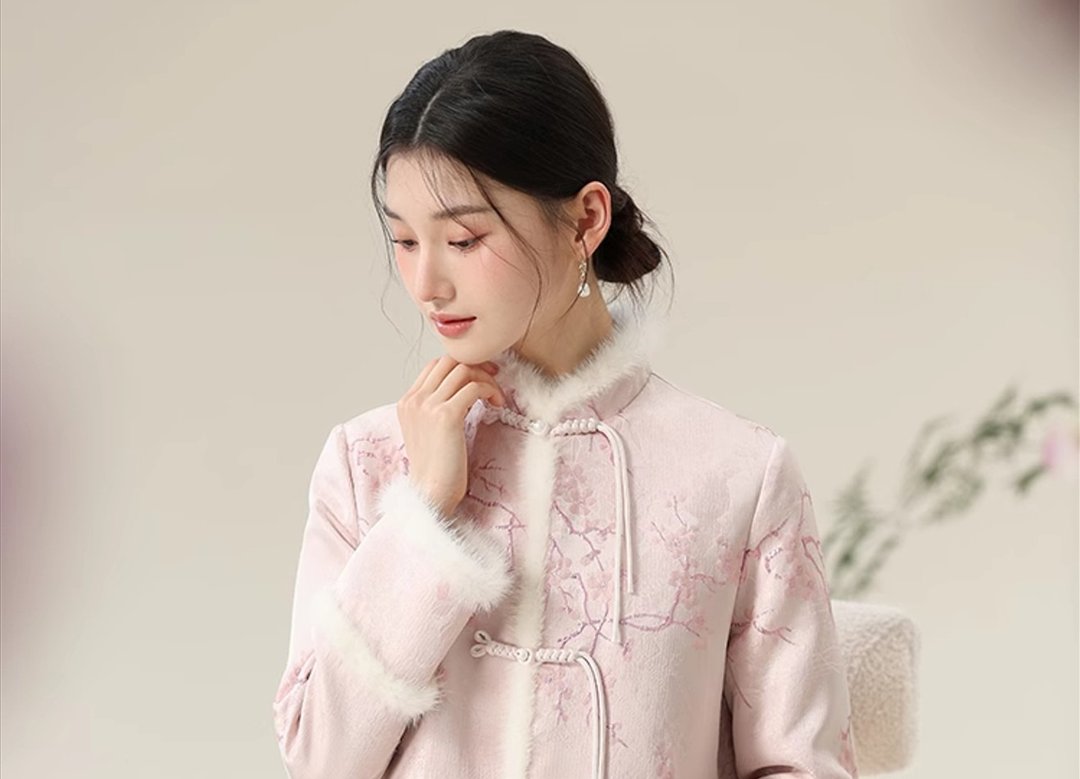 新中式中国风 夹棉保暖温柔织金提花 外套/半裙 - 女装上衣 - 棉 粉红色