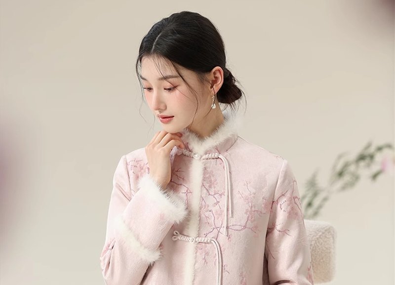 新中式中国风 夹棉保暖温柔织金提花 外套/半裙 - 女装上衣 - 棉．麻 粉红色