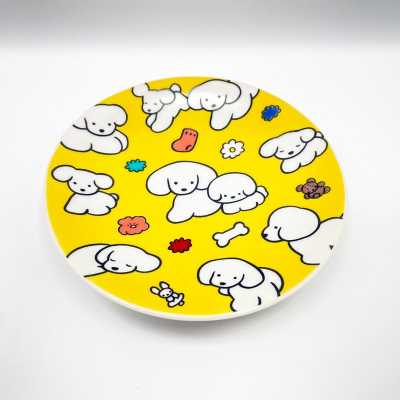 Natsumi Teraoka　许多小狗图案九谷烧小碟　黄色 - 盘子/餐盘/盘架 - 瓷 黄色