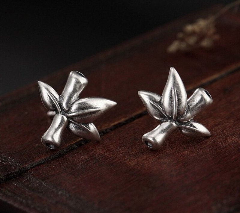Real 925 Sterling Silver Handmade Bamboo Stud Earrings Women Fine Jewelry - 耳环/耳夹 - 纯银 银色