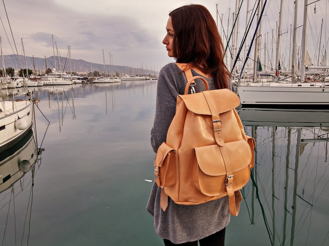 Extra Large Leather Backpack, Full Grain Leather Travel Backpack, College Bag. - 后背包/双肩包 - 真皮 咖啡色