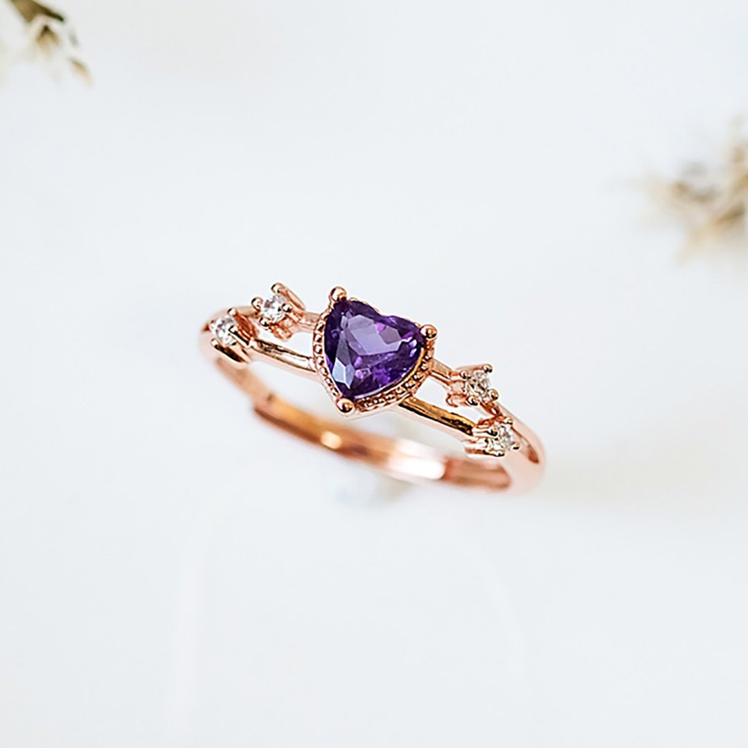 紫水晶 Amethyst 925纯银 玫瑰金 戒指 可爱气质爱心 2月诞生石 - 戒指 - 纯银 银色