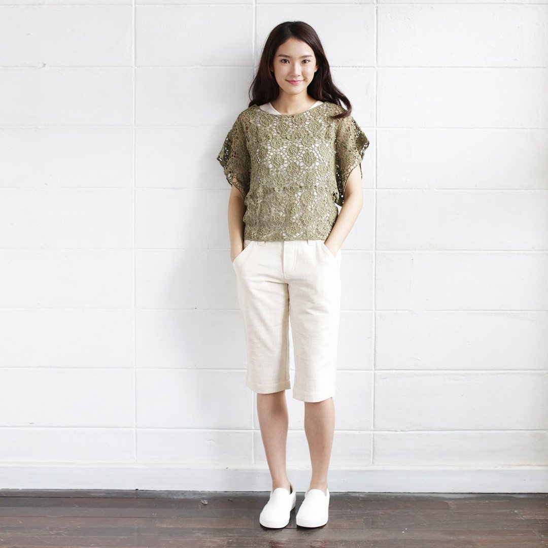 Green Short Sleeve Over Size Tops Lace Cotton Soi-Fah - 女装上衣 - 棉 绿色